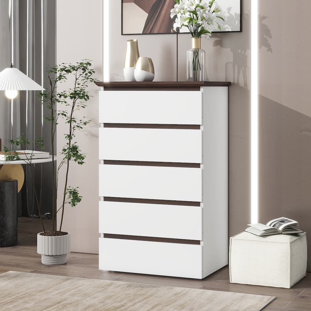 Tall 5-Drawer Vertical Chest with Wood Finish Top and Handleless, Small Dresser for Kids Bedroom, Living Room