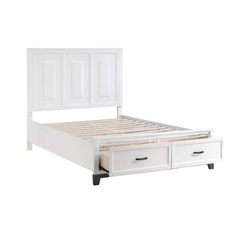 White Queen Platform Bed with Storage Drawers, Wooden Bedroom Furniture