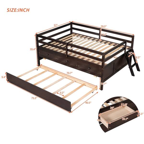 dimension image slide 5 of 6, Low Loft Bed with Safety Fence, Climbing Ladder, Storage Drawers and Trundle Solid Wood Bed