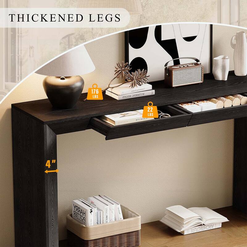 Farmhouse Console Table with 2 Concealed Drawers,Waterfall Edge,Thick Legs