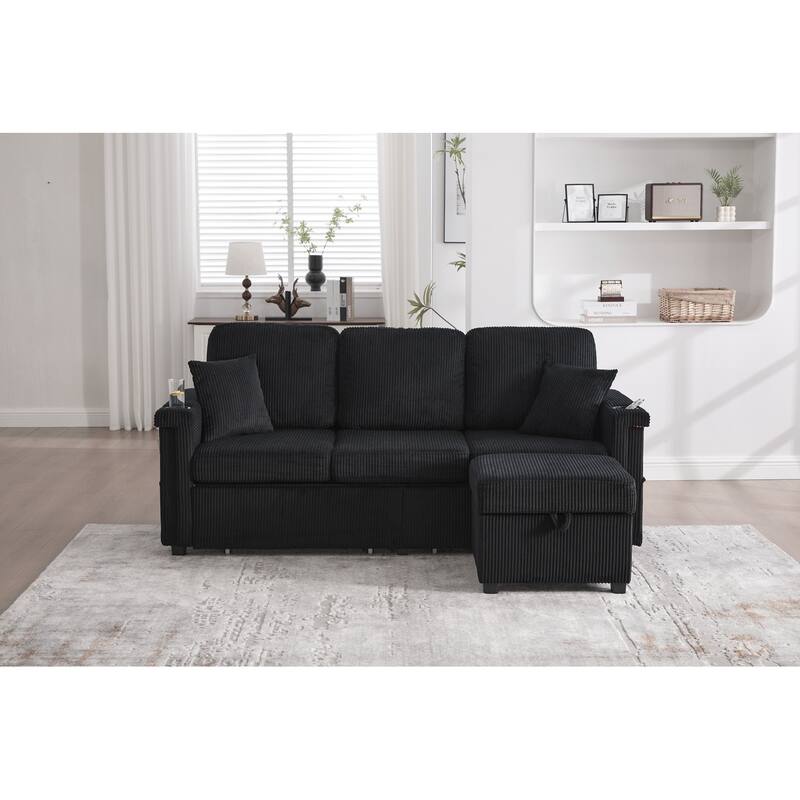 L-Shaped Sectional Sofa with Pull-Out Storage,Ottoman & Pillows 3-Seat with USB Charging,Cup Holder, Convertible Design - Black