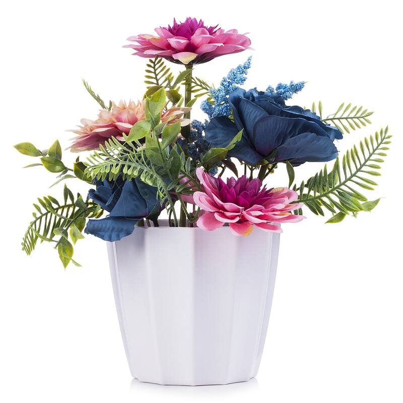 Enova Home Mixed Artificial Silk Peony and Dahlia Fake Flowers Arrangement in White Pot for Home Office Decoration - Pink Blue