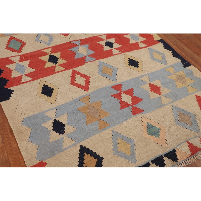 Striped Geometric Kilim Persian Vintage Area Rug Flatweave Wool Carpet - 4'8"x 7'10"