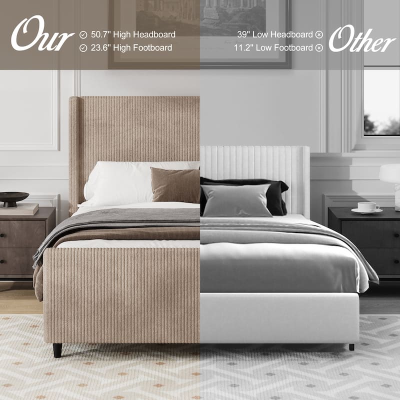 50.7'' High Headboard Corduroy Upholstered Bed Frame