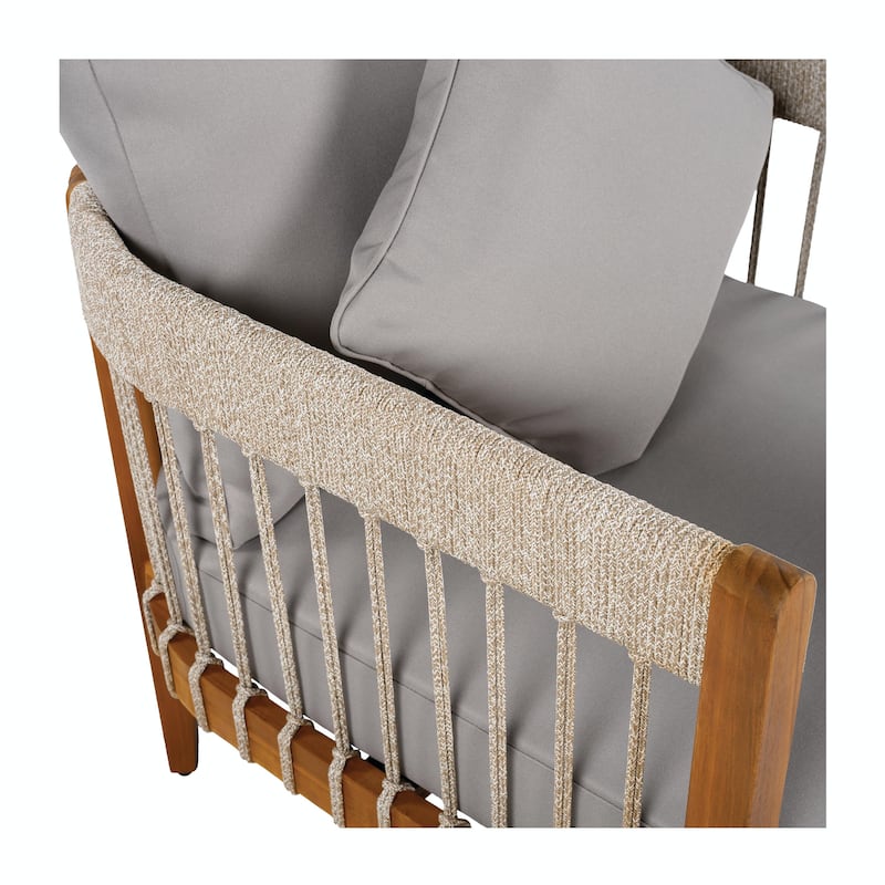 Acacia Wood Outdoor Club Chair with Handwoven Rope Accents & Curved Backrest