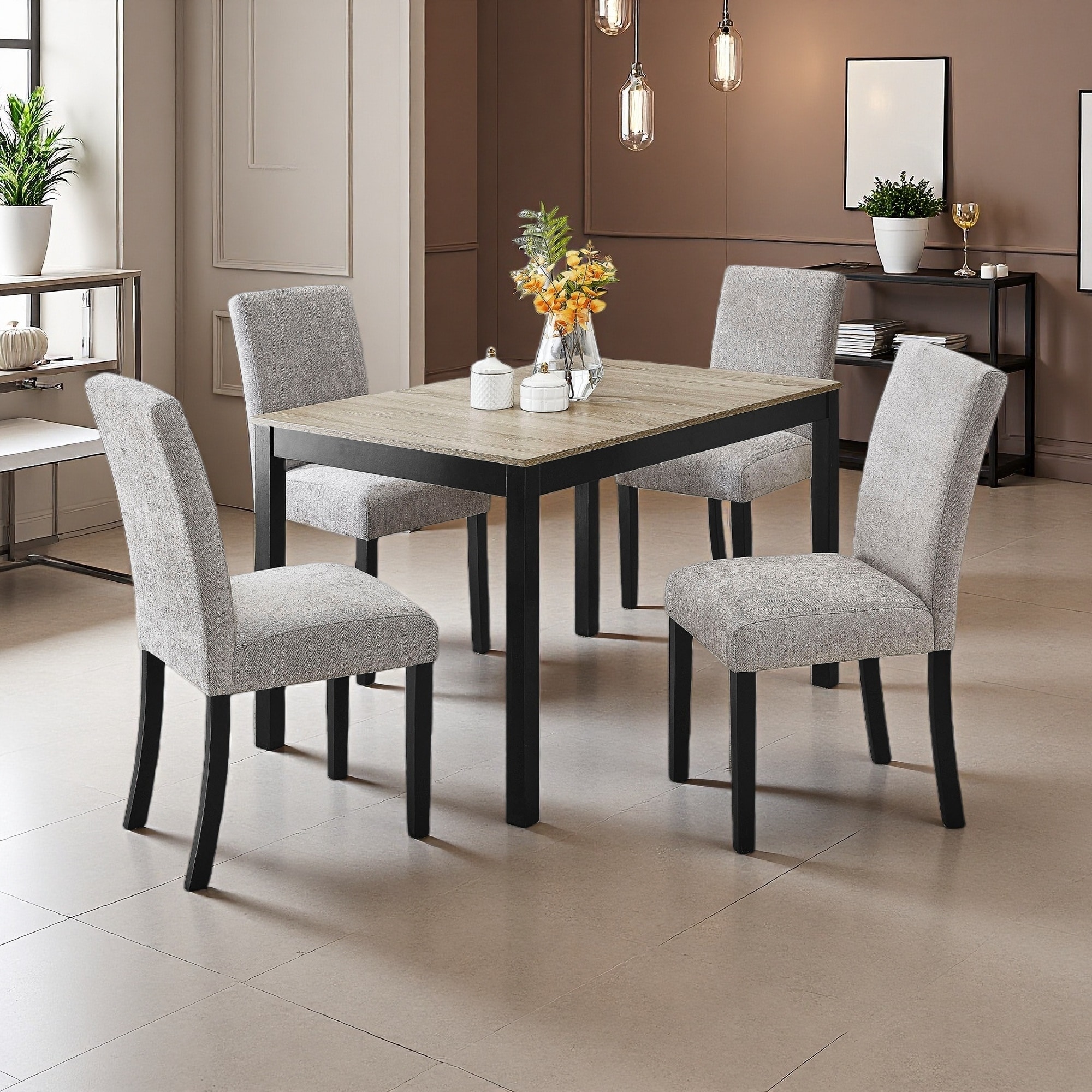 Set of 5 Contemporary 48"L Dining Set Rectangular Table Two-Tone Finish Upholstered Chairs Wooden Leg Dining Room Furniture