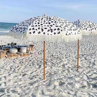 black and white polka dot patio umbrella AMMSUN 7ft Fringe Umbrella,Cow Dots Push button tilt Selini Polka Dot Double Layer