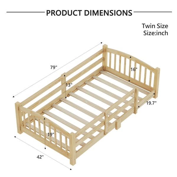 dimension image slide 6 of 8, Montessori Solid Pine Floor Bed with Full-Length Safety Fence & Slatted Base by Harper&Bright Designs