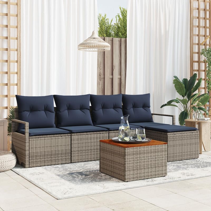 vidaXL 6 Garden Sofa Set with Cushions Black/Grey Poly Rattan - 90.6 x 24.4 x 27.2 - Grey