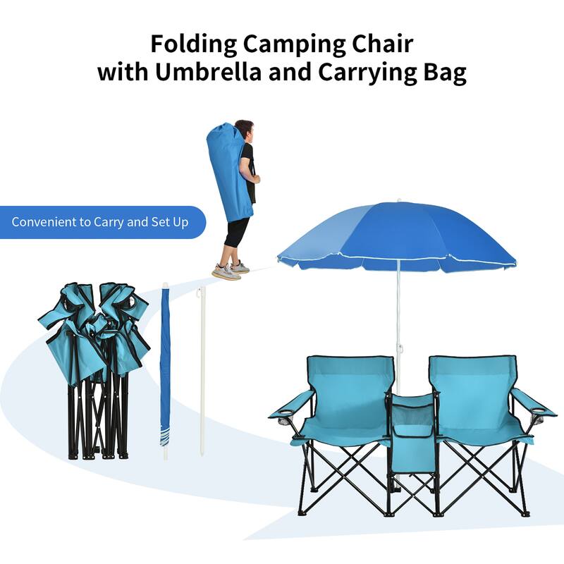 Portable Folding Picnic Double Chair with Umbrella Table Cooler Beach