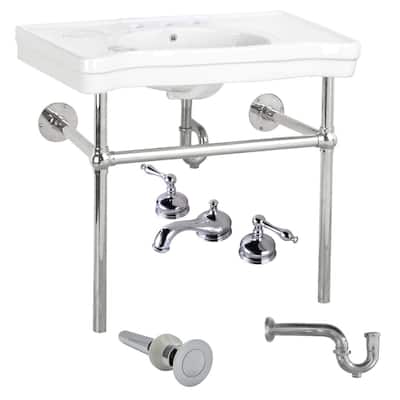 Southern Belle White Console Sinks with 8" Widespread Chrome Faucet and Chrome Bistro Legs