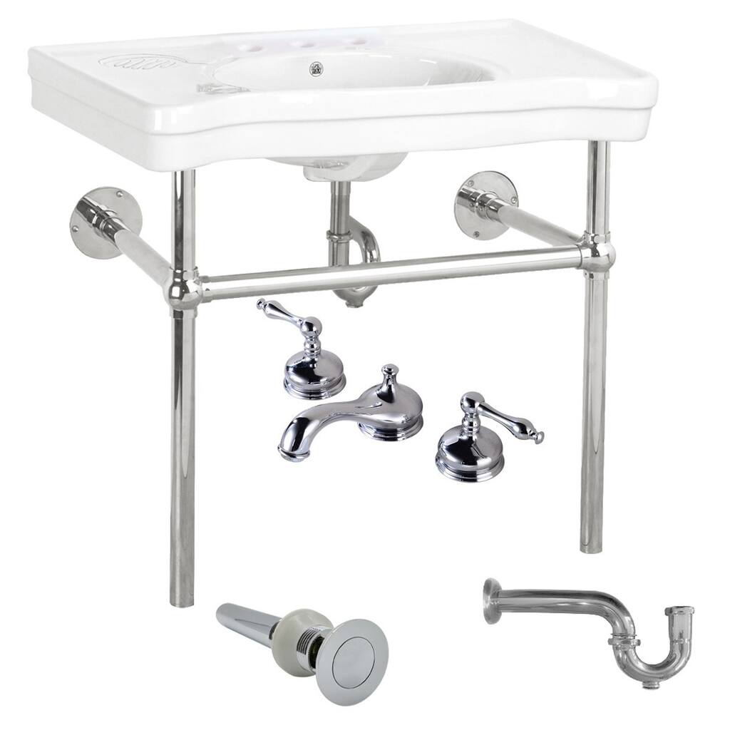 Southern Belle White Console Sinks with 8" Widespread Chrome Faucet and Chrome Bistro Legs