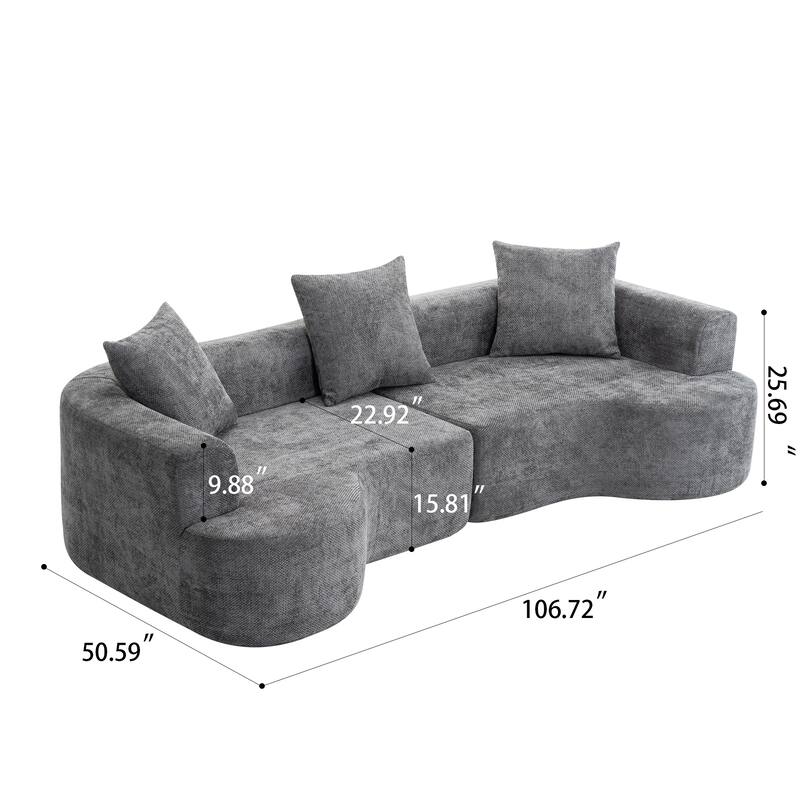 Modern style curved sofa, soft cushioned corduroy sofa with 3 pillows, living room super smooth curved fabric sofa Gray
