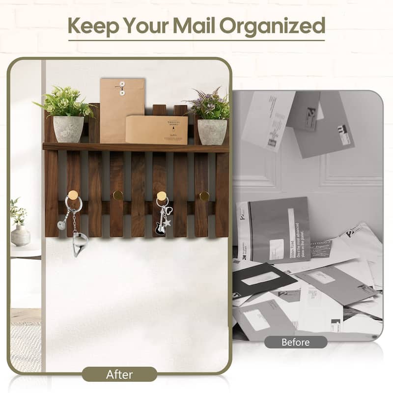 Dark Solid Wood Wall Organizer With Tray Storage - 15.35" L