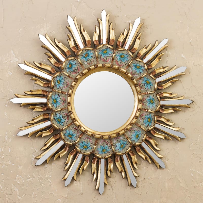 NOVICA Handmade Sunny Arrangement Bronze Gilded Reverse-Painted Glass Wall Mirror
