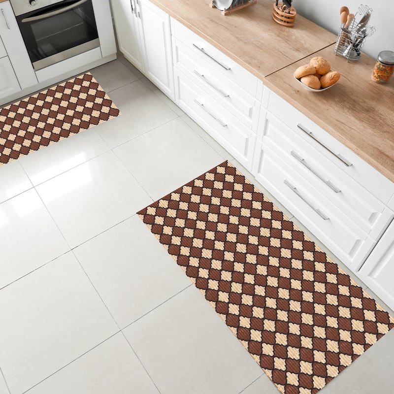 Indoor/Outdoor Custom Size Low Profile Runner Rug with Non-Slip PVC Backing - Water Resistant-Black-Brown-Beige Color-Trellis