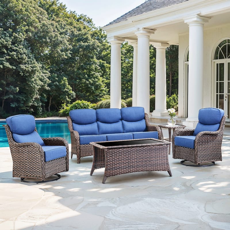 Gymojoy 5-Piece Patio Furniture Set with Swivel Glider Chairs, 6-Inch Ultra-Plush Cushions & Water-Resistant Olefin Fabric - Brown Wicker / Blue Cusion - 5-Piece