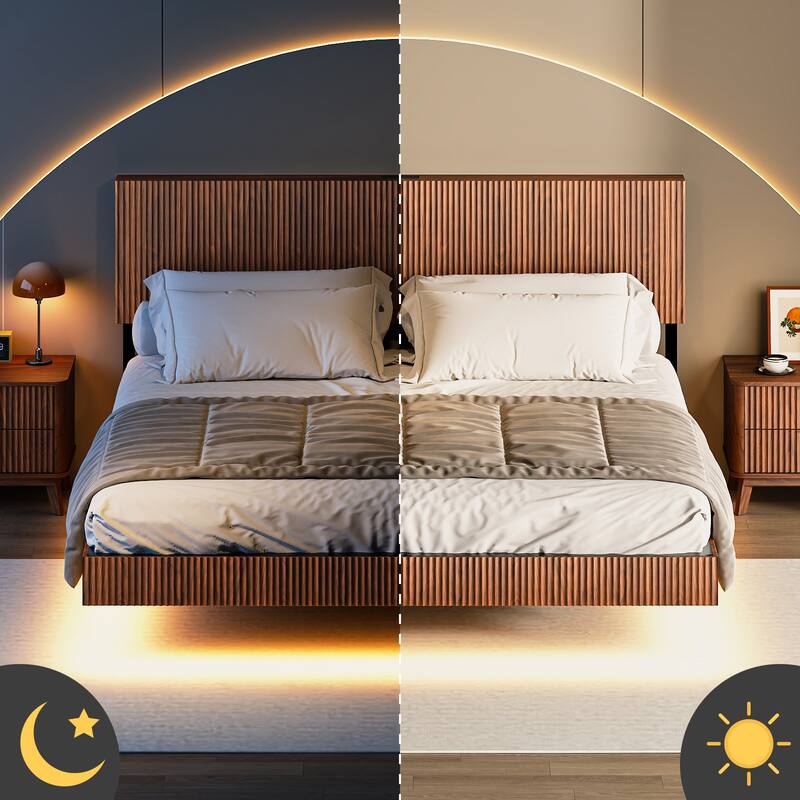 King floating bedstead, with charging station and LED lights, wavy headboard, with heavy metal Flat noodles