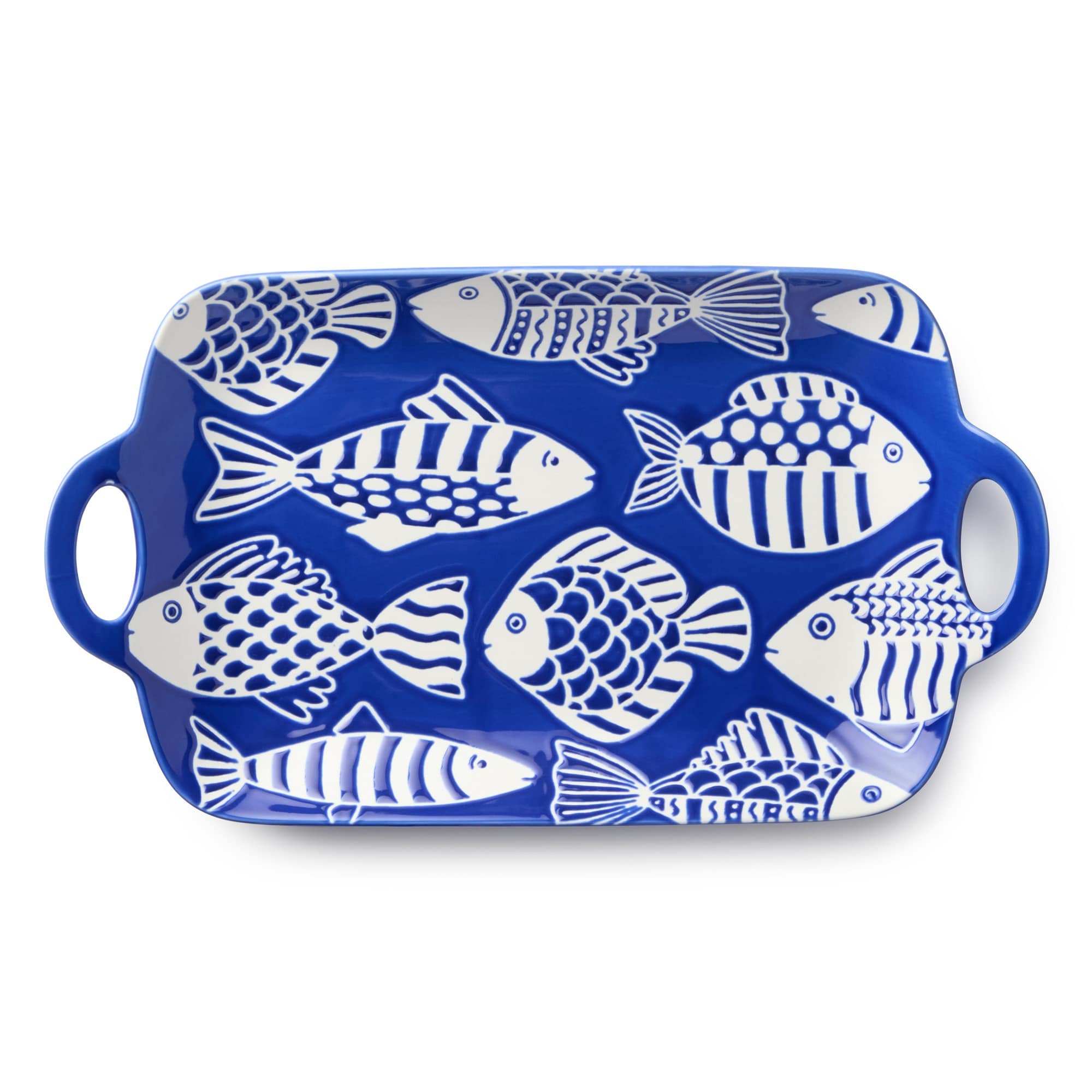 Certified International Fish Tale Porcelain Rectangular Tray with Handles - 14.25"L x 8.00"W x 1.50"H