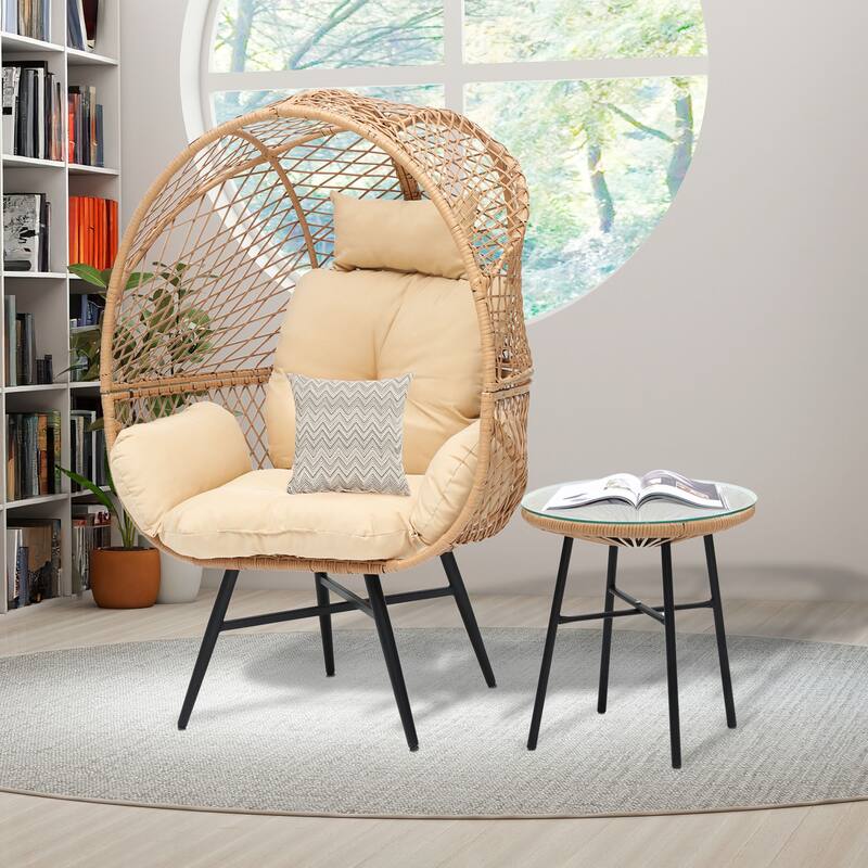 Wicker Egg Chair Set with Stand Comfortable Cushions and a Coffee Table