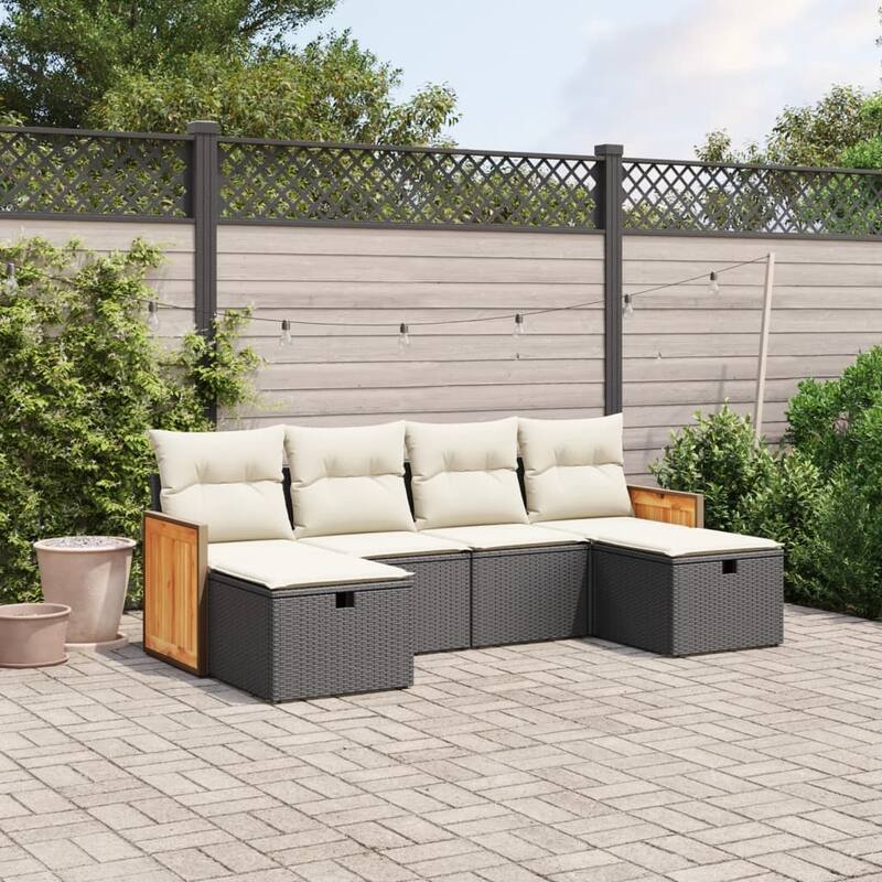 vidaXL Patio Sofa Set with Cushions Outdoor Furniture 6 Piece Poly Rattan - Black and cream without storage - 24.4 x 23.2 x 27.2 in