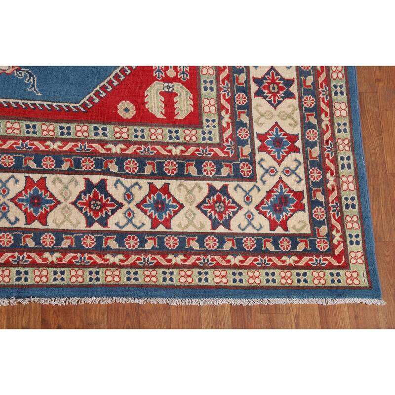 Blue Geometric Kazak Large Area Rug Hand-Knotted Wool Carpet - 9'9" x 13'2"