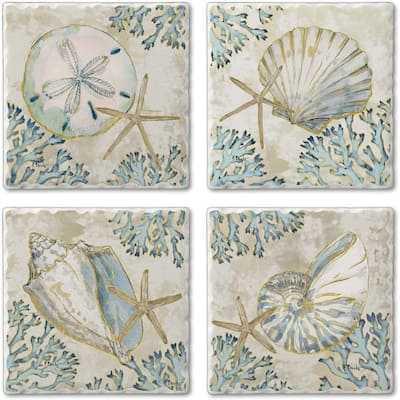CounterArt Playa Shells Multi-Image Absorbent Stone Tumbled Tile Coasters with Protective Cork Backing Set of 4 Made in The USA