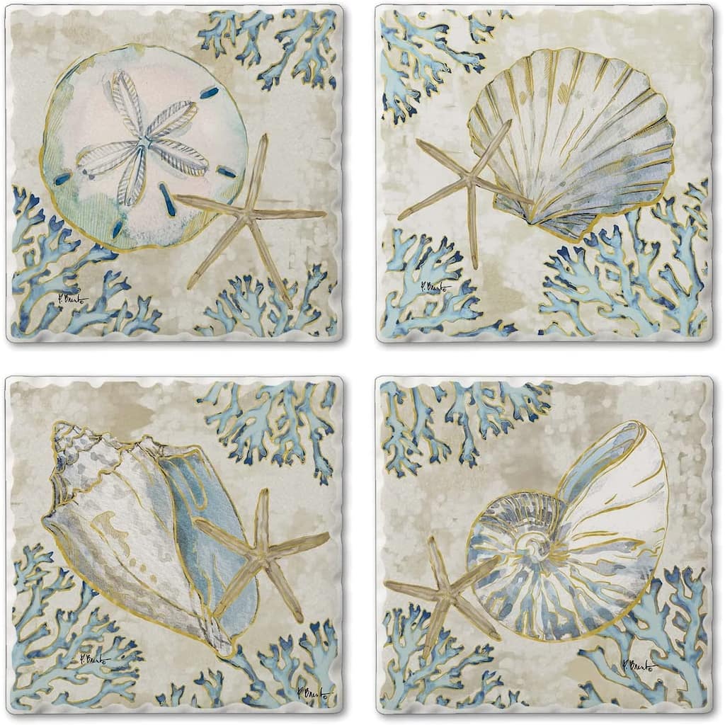 CounterArt Playa Shells Multi-Image Absorbent Stone Tumbled Tile Coasters with Protective Cork Backing Set of 4 Made in The USA