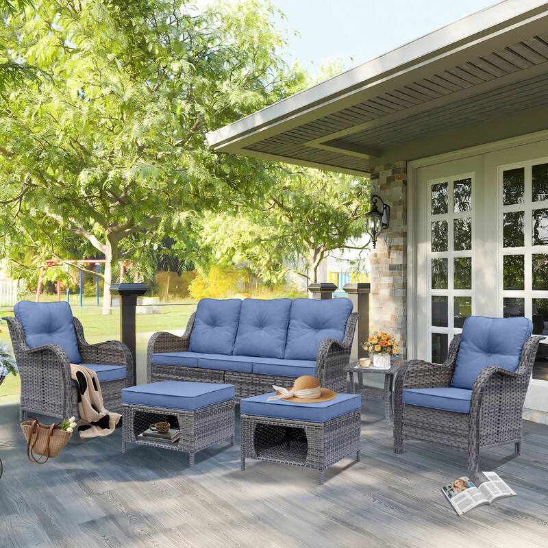 High Back Wicker Outdoor Patio Conversation Seating Sets with Cushions - 6 Piece - Denim Blue/Gray Wicker