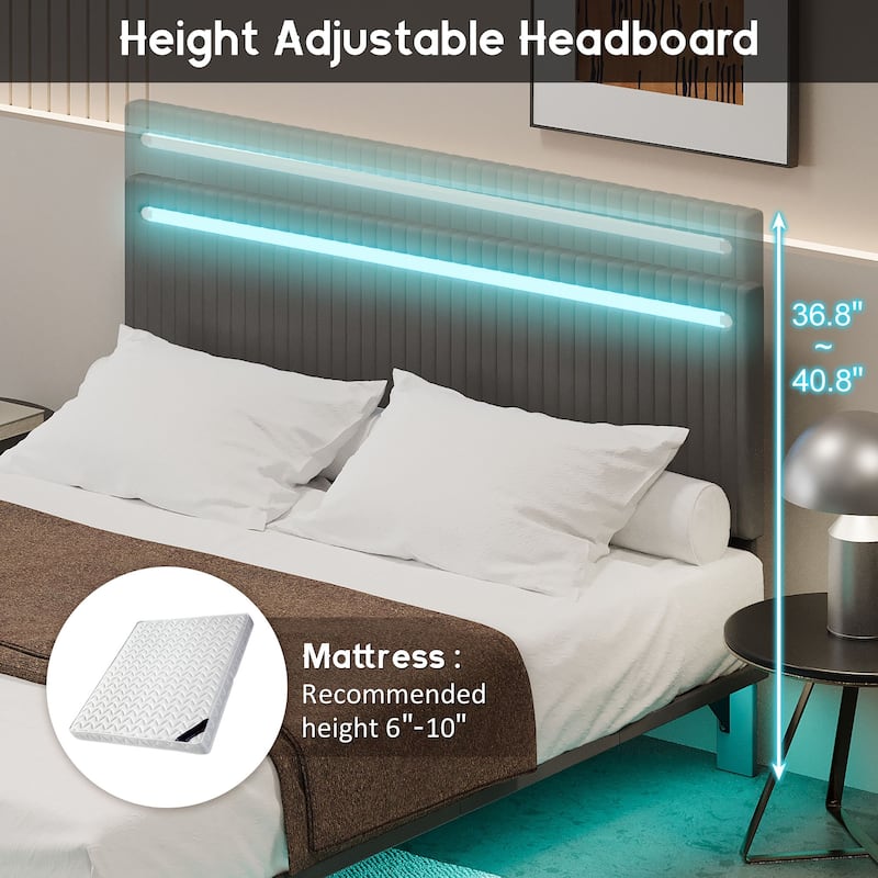 Upholstered Platform Bed with RGB Sensor Lights & Vertical Channel Design - No Box Spring Needed