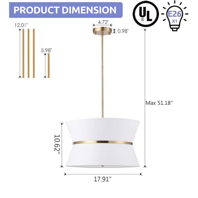 3-Light 18" Wide Gold Drum Design Modern Elegant Pendant Light with White Fabric Shade