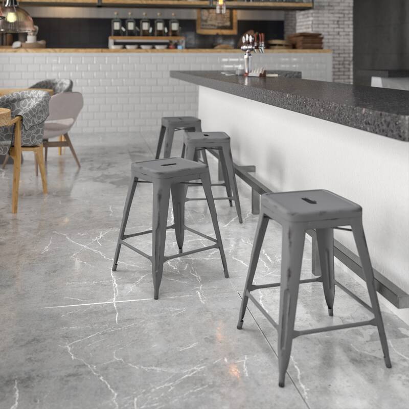 4 Pack 24" High Backless Distressed Metal Indoor-Outdoor Counter Height Stool - Silver Gray