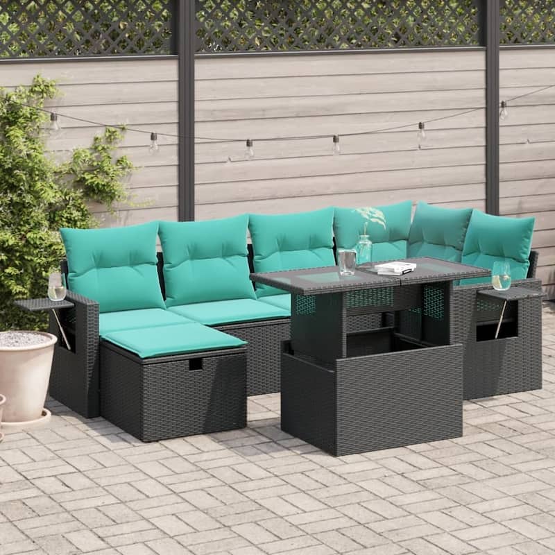 vidaXL Patio Sofa Set with Cushions and Table Outdoor Garden 7 Piece Poly Rattan - Black without storage - 24.4" x 24.4" x 27.2"
