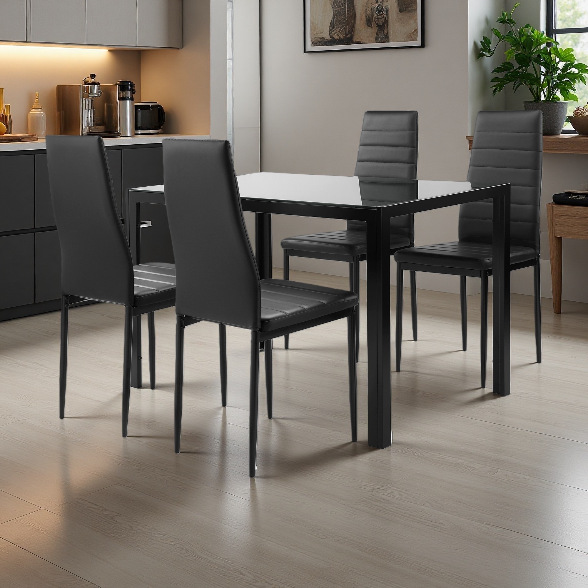 5-Piece 47.25" Tempered Glass Dining Set with Metal Frame & 4 Faux Leather Chairs, Kitchen/Dining Room