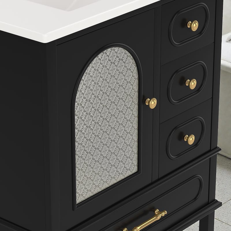 30" Bathroom Vanity with Sink, Freestanding Wood Cabinet with 3 Drawers and Semi-Transparent Door, Single Vanity