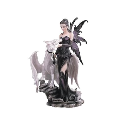 Q-Max 10"H Gothic Black Fairy with White Dragon Statue Fantasy Decoration Figurine