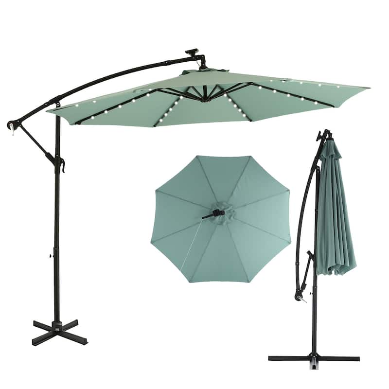 Outdoor Patio 10-Ft Solar LED Offset Hanging Umbrella - Light Green