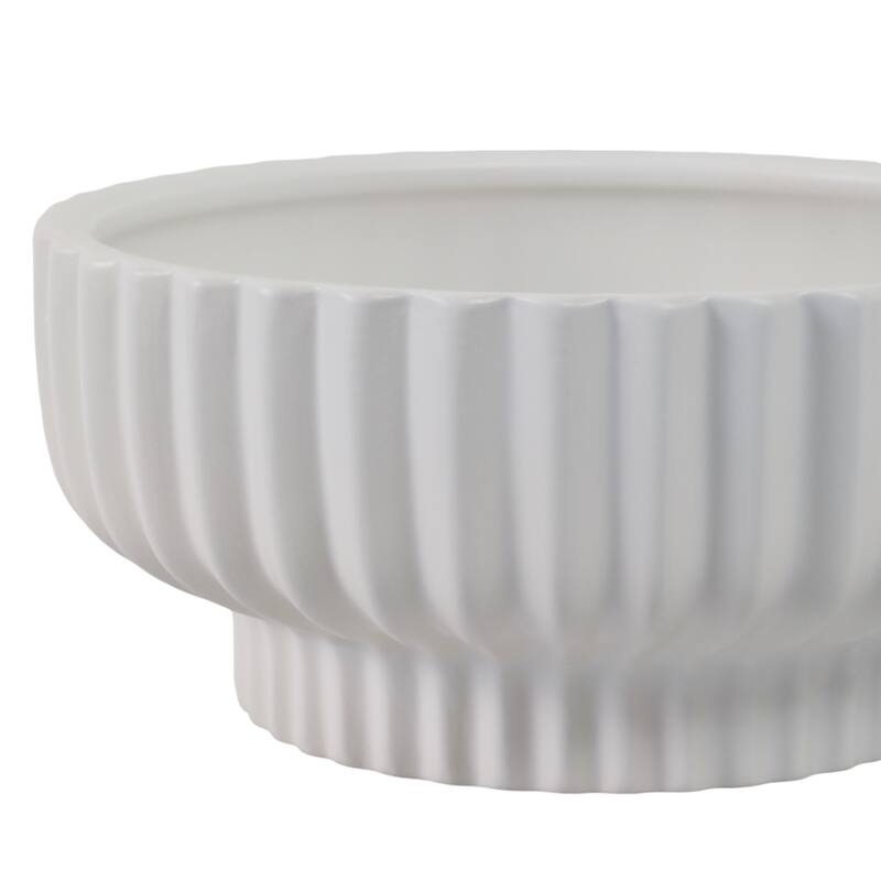 Decorative Ribbed Ceramic Bowl with Matte Finish - 12", White - 12.0"