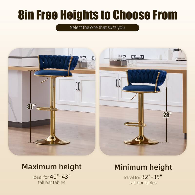 HOMEFUN Velvet Adjustable Height Swivel Armless Bar Stools With Golden Footrest(set of 2)