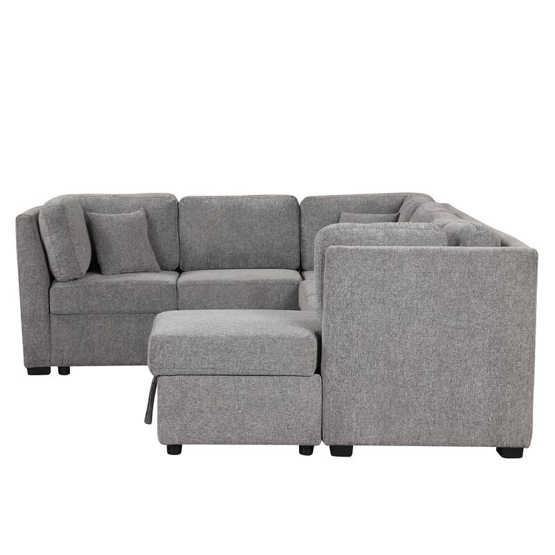 108.6" Fabric U-Shaped 6-Seat Sectional Sofa with Pull-Out Bed, Storage Chaise, USB Ports, and Power Outlets