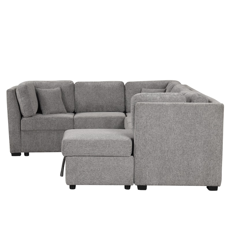 Roomfitters U-Shaped Sectional Sofa Pull-Out Bed with USB Ports, Power Sockets, Three Back Pillows, and Storage Chaise