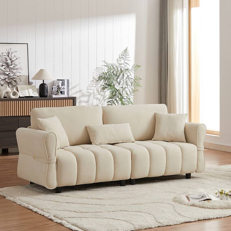 80'' Chenille Fabric Sofa with Lumbar Pillow, 3-seater Upholstered Sofa Chaise with 2 Cushions for Livingroom