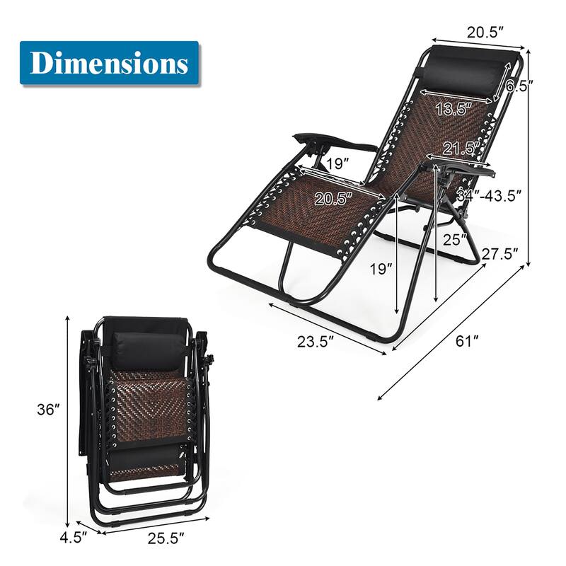 2PCS Foldable Patio Rattan Zero Gravity Lounge Chair with Headrest