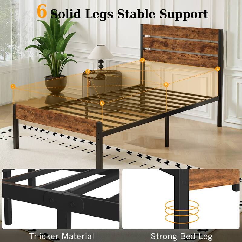 VECELO Industrial Wood Bed Frame with Headboard Twin Size Beds/Full Size Beds/Queen Size Beds