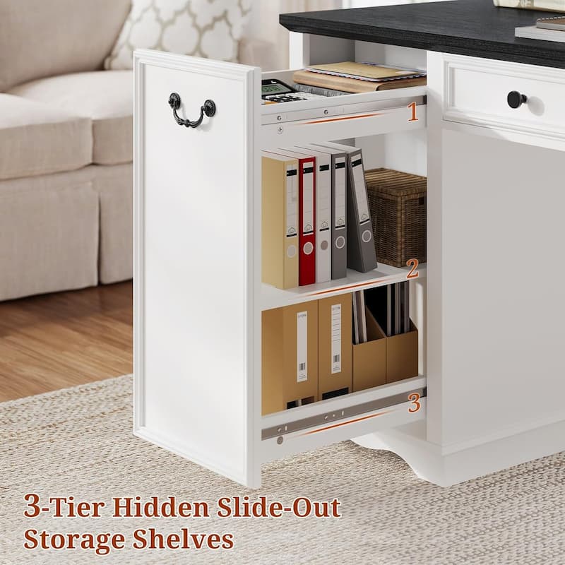 Executive Desk with Drawers Computer Desk File Drawers Power Outlet LED Lights Storage Cabinet