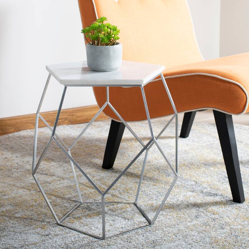 SAFAVIEH Larae Modern Pentagon Marble Top Side Table-Silver - 18" x 18" x 18" - 18Wx18Dx18H