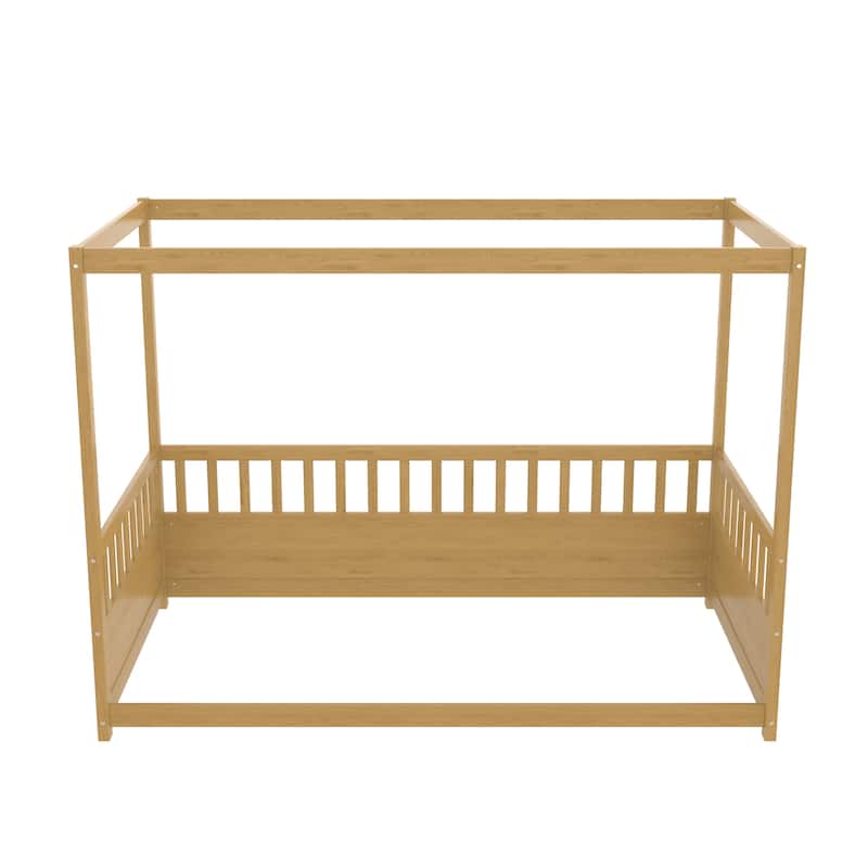 Solid Wood Floor Bed Canopy Bed with 21.45-inch Guardrail, Floor Height Montessori Bed with Three-sided Fence for Kids/ Toddler