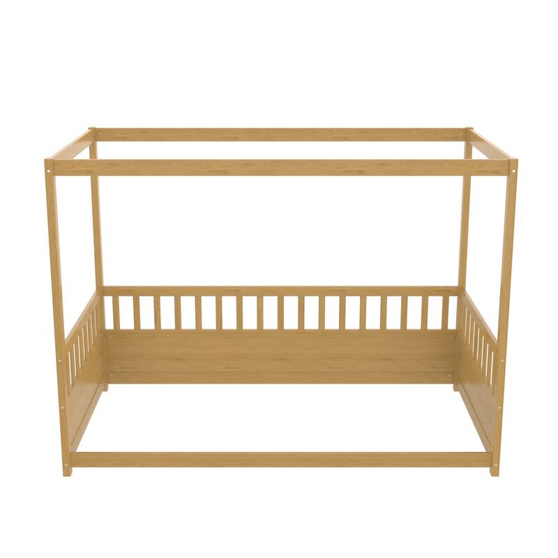 Twin Size Canopy Bed Frame with Guardrails for Kids