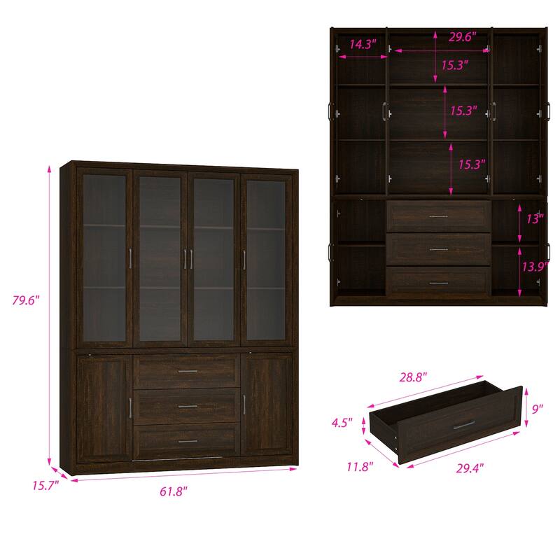 79.6" Tall Glass Display Cabinet, 6-Tier Bookshelf with Drawers Bookcae Panrty
