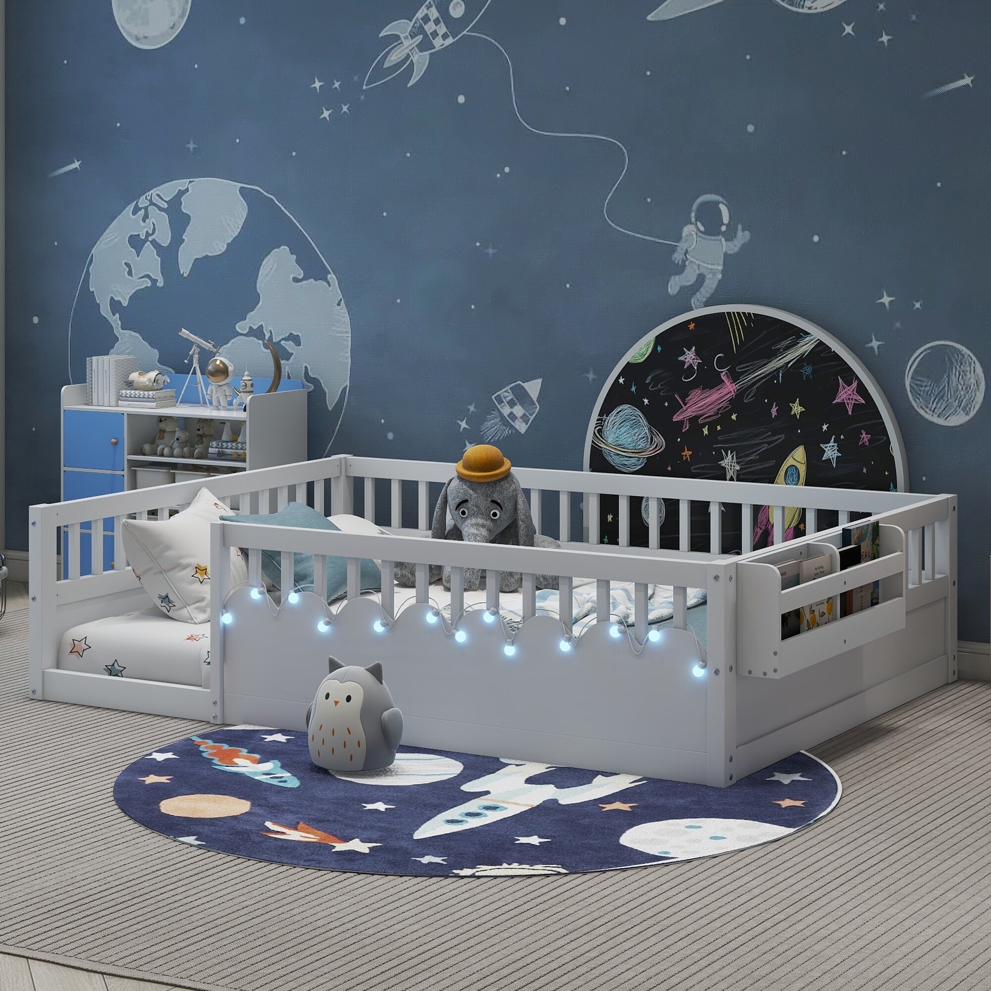 Montessori Floor Bed for Kids, Full Size Low Bed Frame Wood Floor Bed with LED Lights, High Rails and Storage Shelf